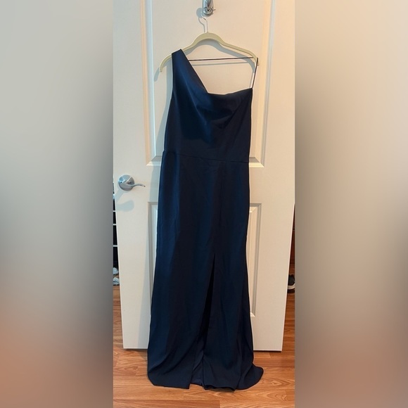 AFTER SIX 6849 Midnight Blue One Shoulder Draped Cowl Neck Maxi Bridesmaid Dress - Picture 2 of 16
